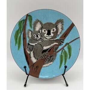 Vintage Annemarie Davidson Enamel on Copper Plate Blue w Koala Bears 7.5” Signed